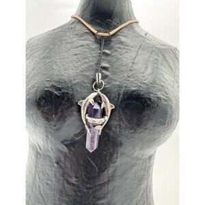 Artisan Made Amethyst And  Sterling Silver 925 Dolphins Purple Crystal Necklace